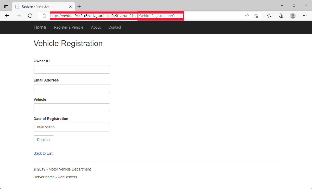 Screenshot of vehicle registration page.