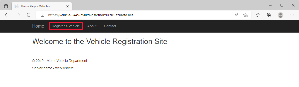 Screenshot of web server 1 register a vehicle link.