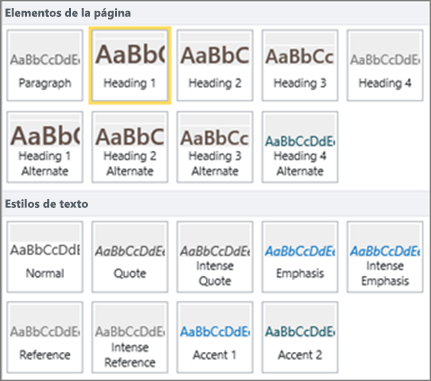 Captura de pantalla de elementos de página y estilos de texto disponibles en el grupo Estilos de la cinta de SharePoint Online.