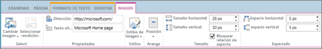 Captura de pantalla de una sección de la cinta de SharePoint Online con la pestaña Imagen seleccionada y las selecciones disponibles en los grupos Seleccionar, Propiedades, Estilos, Organizar, Tamaño y Espaciado.