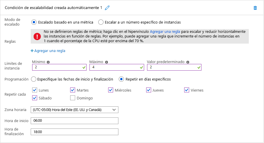 Figura 7: Escalado automático programado en Azure.