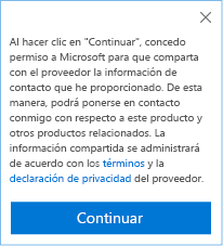 Captura de pantalla del consentimiento para compartir información de contacto del cliente con el publicador para CRM.