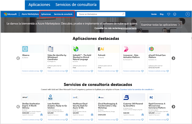 Captura de pantalla de la página principal de Azure Marketplace con énfasis en los botones Aplicaciones y Servicios de consultoría.