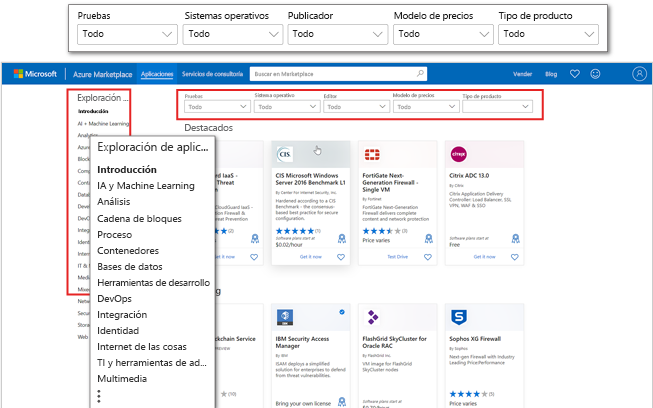 Captura de pantalla de la página de aterrizaje de aplicaciones de Azure Marketplace con los filtros y las categorías de aplicación destacados.