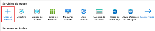 Captura de pantalla de la página principal de Azure Portal con énfasis en el botón Crear recurso.