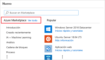 Captura de pantalla de Azure Marketplace en la página Nuevo recurso de Azure Portal.