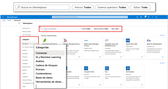 Captura de pantalla de Azure Marketplace en el Azure Portal con énfasis en las categorías de aplicaciones y filtros.