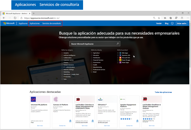 Captura de pantalla de la página principal de Microsoft AppSource con énfasis en los botones Aplicaciones y Servicios de consultoría.