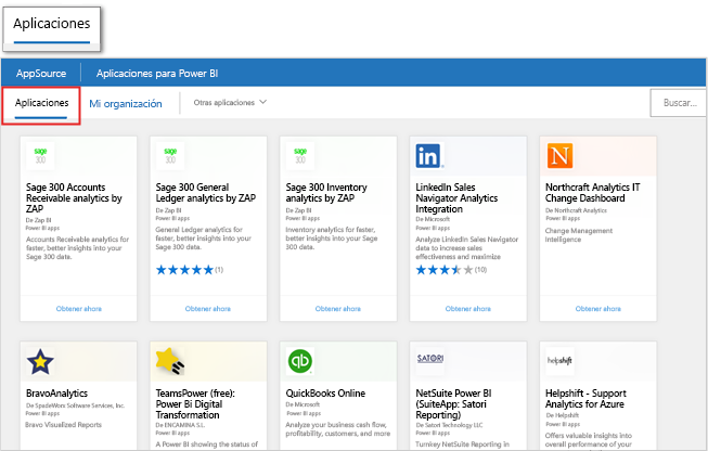 Captura de pantalla de productos de Microsoft AppSource de la página Obtener aplicaciones integrada en Power BI