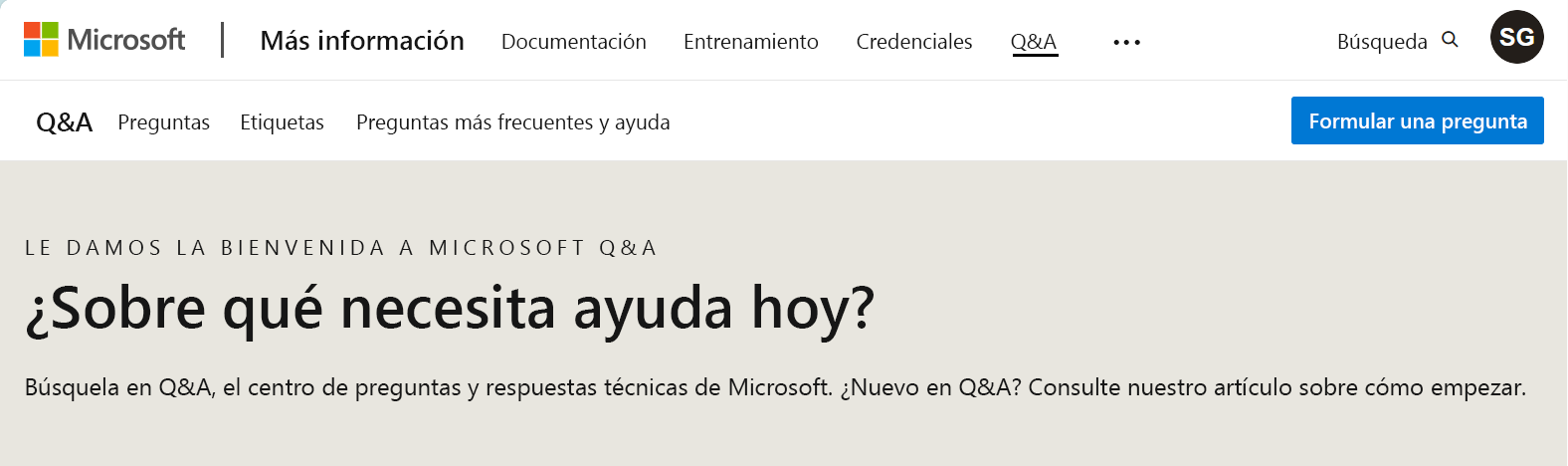 Screenshot of the home page of Microsoft Q&A.