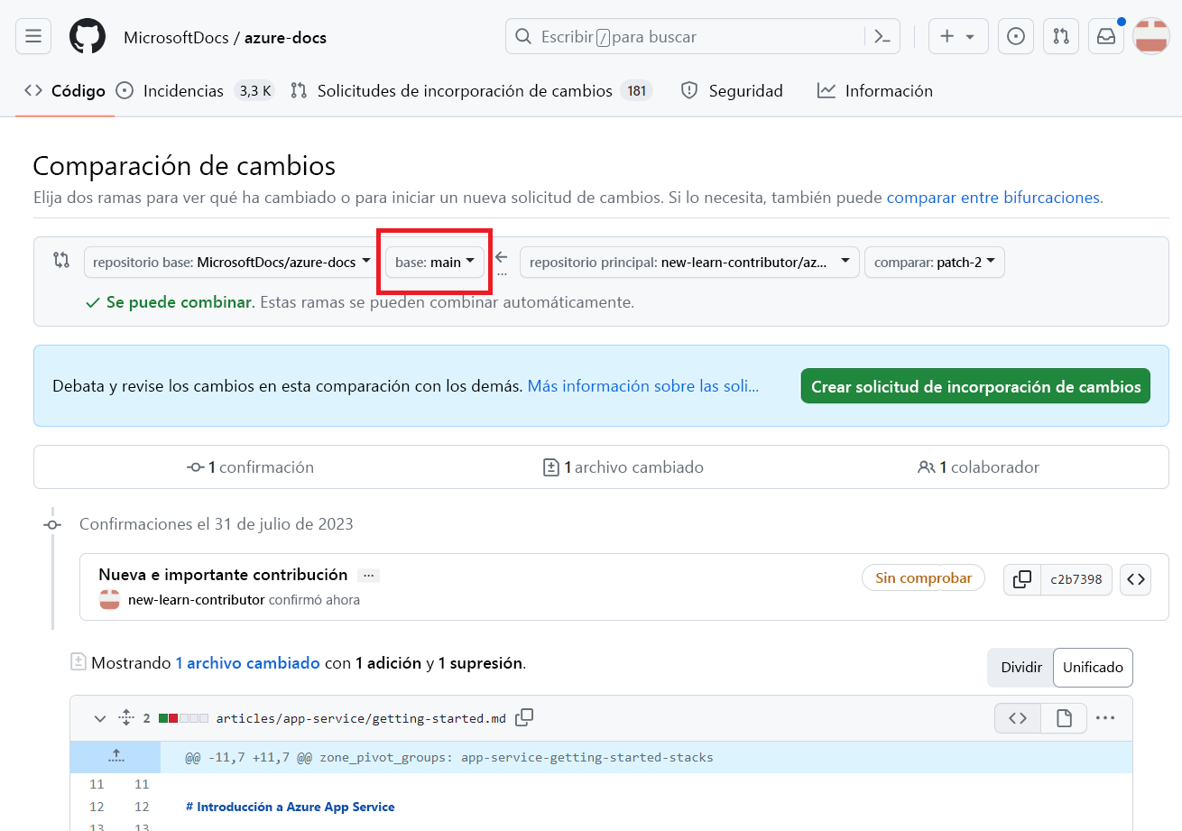 Captura de pantalla de la página web en la que los colaboradores deben comprobar el repositorio de destino y la rama a la que quieren combinar los cambios. Principal está seleccionado como Base.