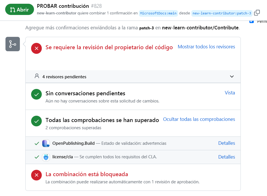 Recorte de pantalla de la solicitud de cambios creada durante el ejercicio en la que se muestra la superación de dos comprobaciones de validación.