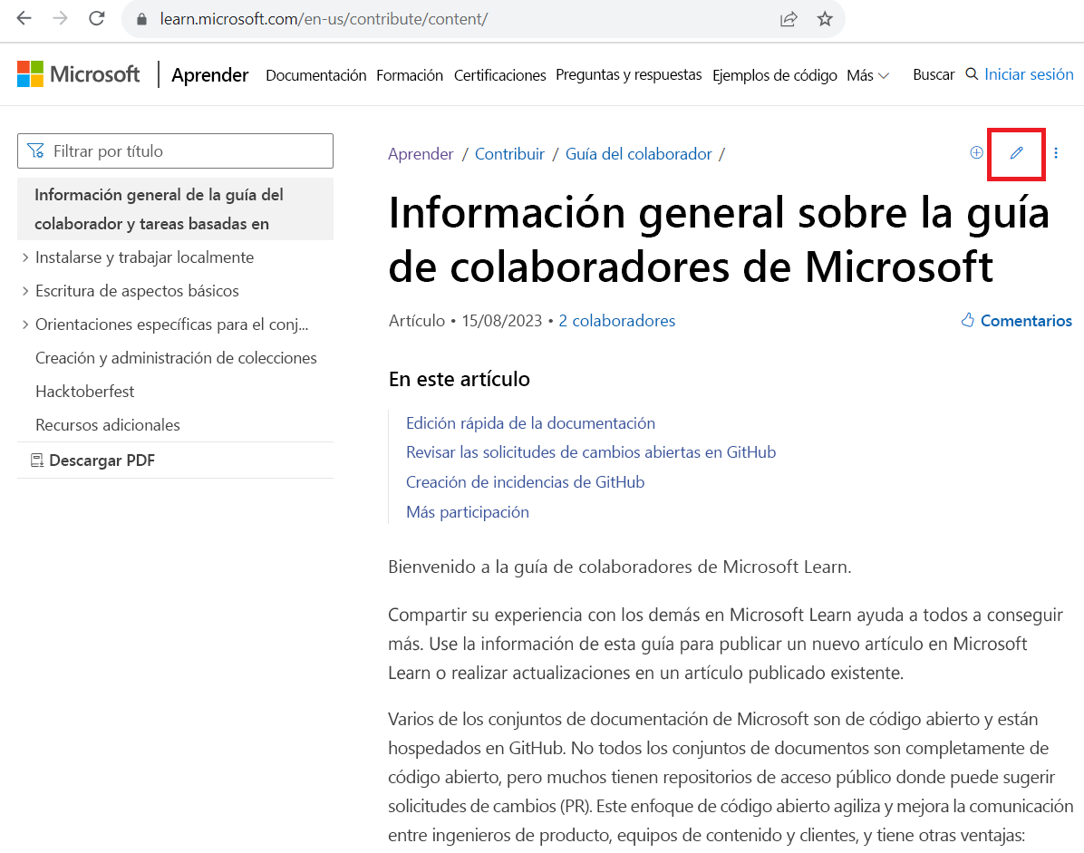 Captura de pantalla del artículo Contribuir abierto y el icono de Edición de lápiz resaltado.
