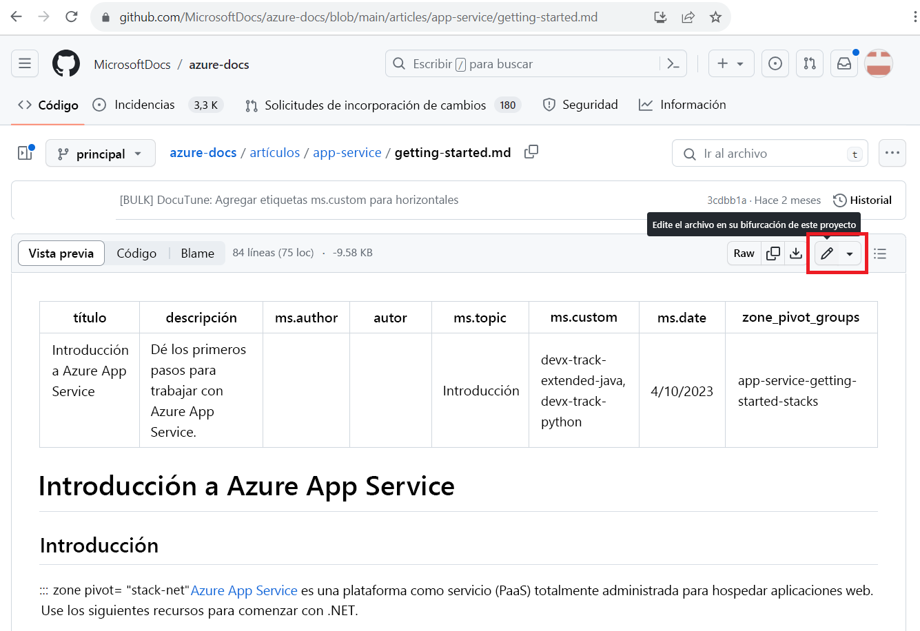 Captura de pantalla del archivo de origen de GitHub para obtener un artículo de documentación. El icono Editar archivo de lápiz está resaltado.