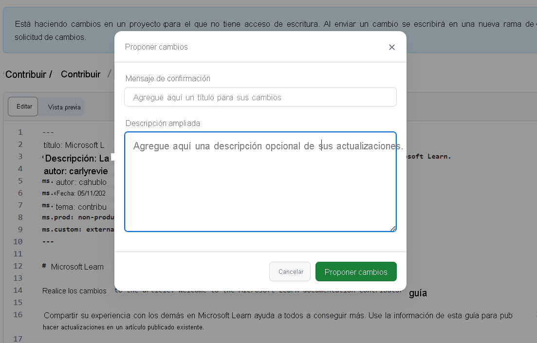 Captura de pantalla del cuadro emergente con dos campos para crear un mensaje de confirmación y agregar una descripción extendida de los cambios.