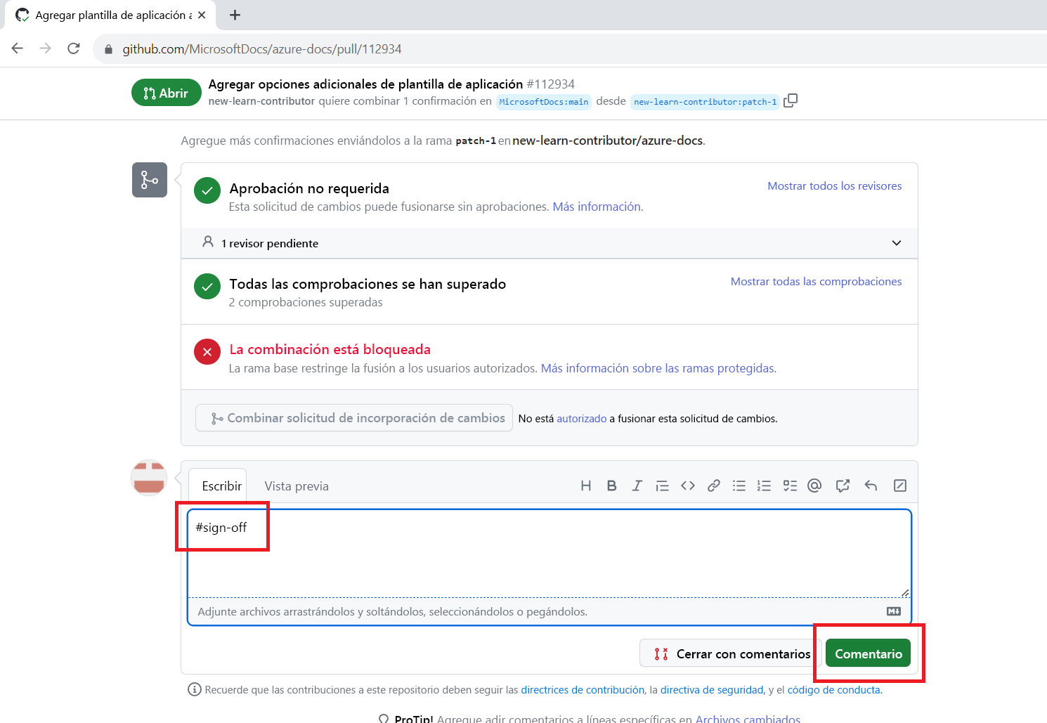 Captura de pantalla del cuadro de comentarios en una solicitud de cambios con #sign-off escrito en el campo de comentarios y el botón Comentar resaltado.