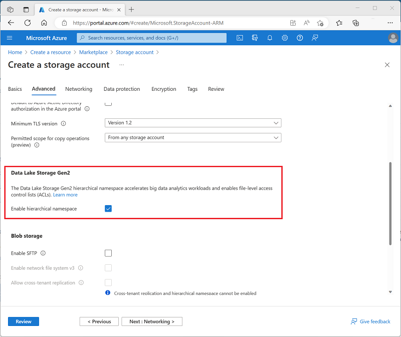 Captura de pantalla de la configuración avanzada para crear una cuenta de almacenamiento.