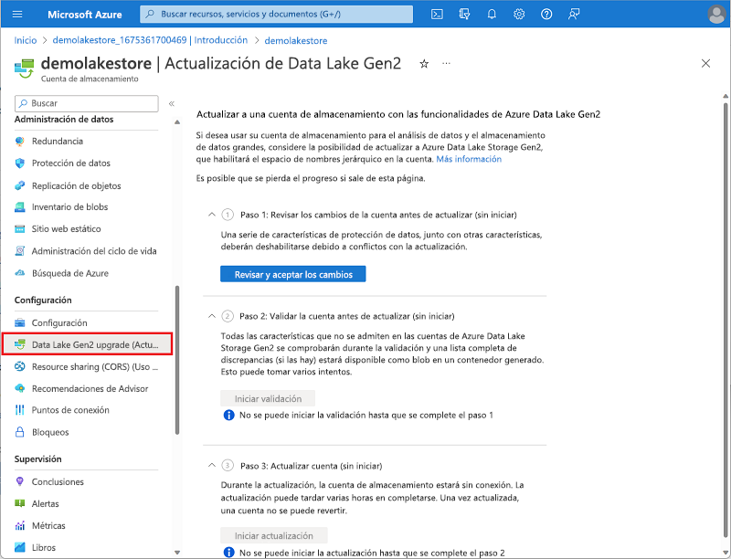 Captura de pantalla de la configuración avanzada para crear una cuenta de almacenamiento.