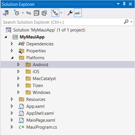 Captura de pantalla del Explorador de soluciones de la estructura predeterminada de una solución de .NET MAUI nueva en Visual Studio.