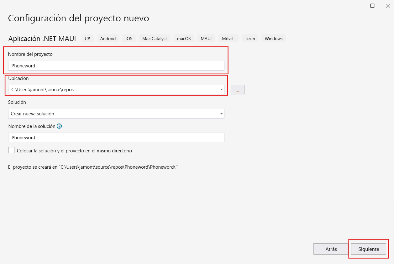 Captura de pantalla del cuadro de diálogo Configurar el nuevo proyecto. El usuario asigna el nombre Phoneword al proyecto y selecciona una ubicación en su disco duro para almacenarlo.