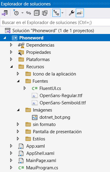 Captura de pantalla del proyecto Phoneword en la ventana del Explorador de soluciones de Visual Studio.