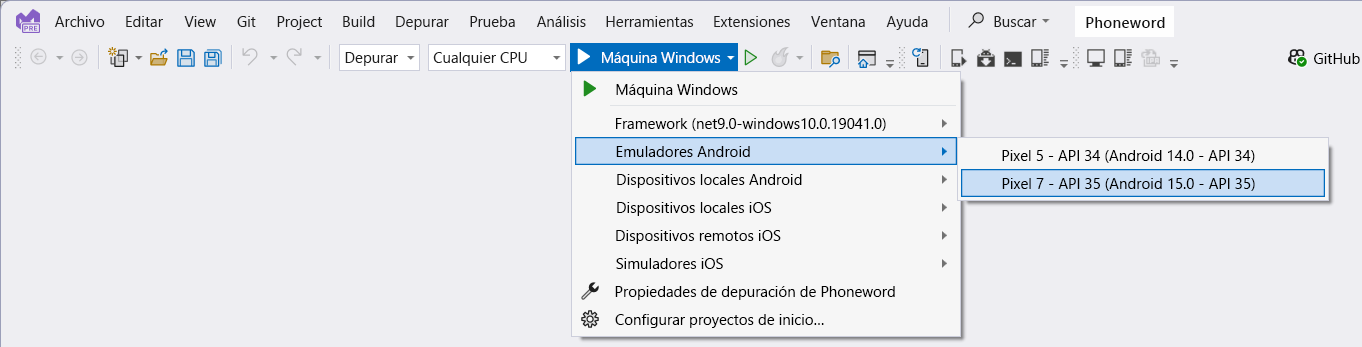 Captura de pantalla de la barra de herramientas de Visual Studio. El usuario especificó el píxel 3 con el perfil de API 30 del emulador de Android para iniciar la depuración.