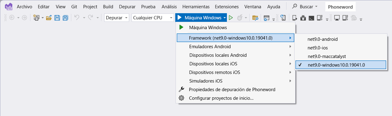 Captura de pantalla de la lista desplegable de tiempo de ejecución de destino en Visual Studio. El usuario establece el perfil de máquina Windows como perfil de inicio de la solución.