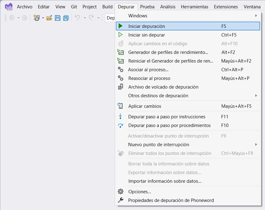 Captura de pantalla del menú depurar de Visual Studio. El usuario está depurando la aplicación mediante el perfil de máquina Windows.