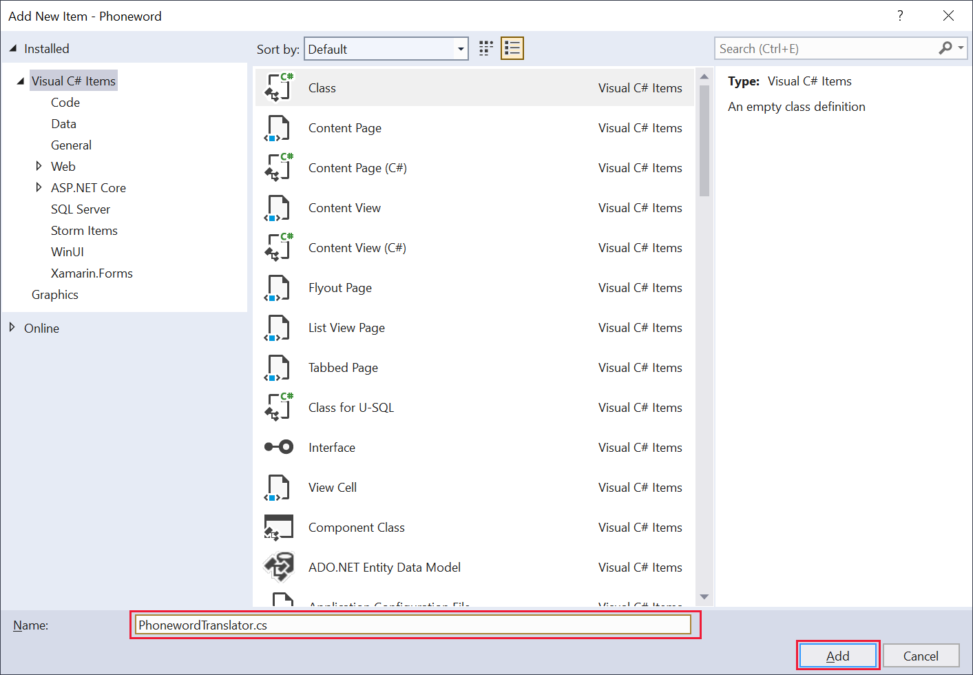 Recorte de pantalla del cuadro de diálogo Agregar nuevo elemento. El usuario llamó al archivo de clase PhonewordTranslator.cs