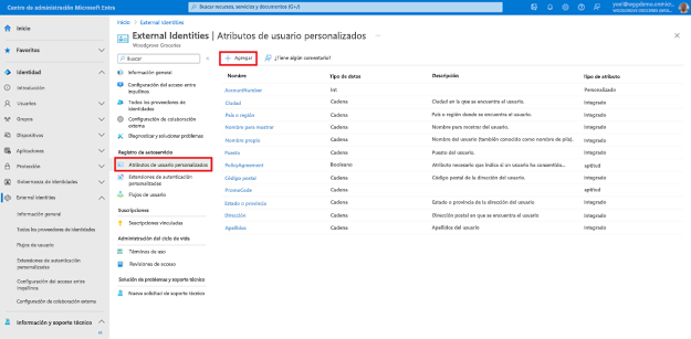 Recorte de pantalla de la hoja Atributos de usuario personalizados de External Identities con un botón titulado Agregar en la barra de herramientas resaltado.