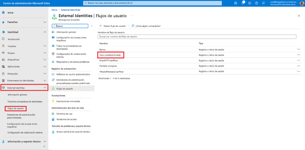 Recorte de pantalla del panel de navegación izquierdo del Centro de administración de Microsoft Entra que resalta External Identities y Flujos de usuario, donde en la lista de cuadrículas de flujos de usuario, se resalta el denominado Predeterminado.