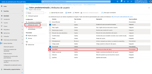 Recorte de pantalla de la hoja Atributos de usuario para el flujo de usuario titulado Predeterminado que muestra una lista de atributos habilitados para el flujo de usuario. El atributo titulado DietaEspecial está resaltado.