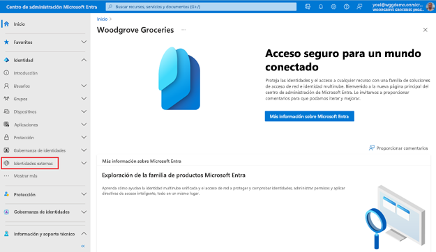 Captura de pantalla de la página principal del Centro de administración de Microsoft Entra con un elemento de navegación izquierdo titulado Identidades externas resaltada.