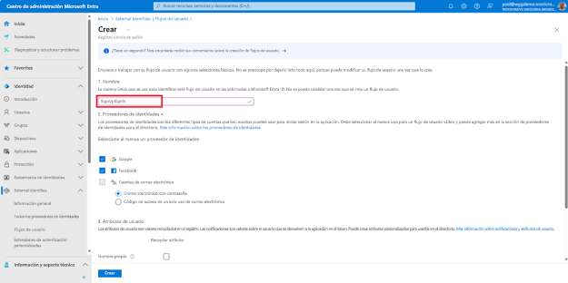 Captura de pantalla de la hoja Crear en flujos de usuario de identidades externas que resaltan el nombre del nuevo flujo de usuario.