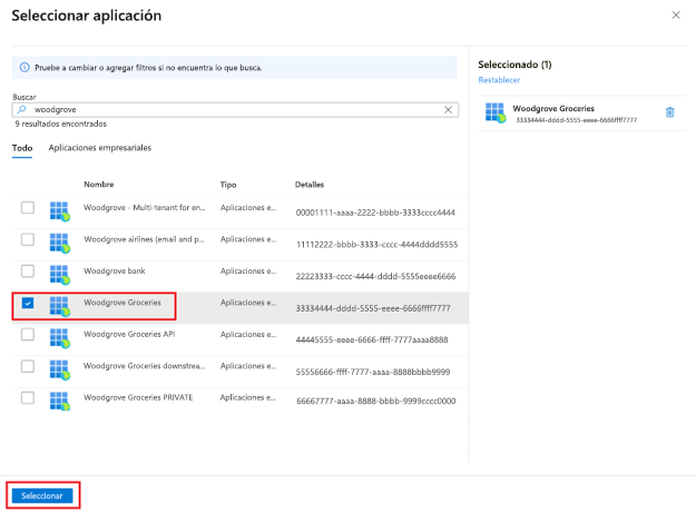 Captura de pantalla del panel Seleccionar aplicación que se abre a la derecha y resalta una aplicación seleccionada denominada Woodgrove Groceries. El botón titulado Seleccionar en la parte inferior está resaltado.