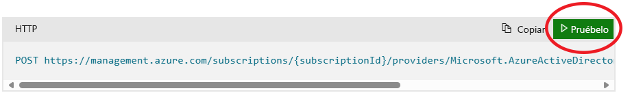 Captura de pantalla del botón Pruébelo resaltado en la parte derecha de la cabecera del código de solicitud HTTP. La solicitud HTTP comprueba la disponibilidad y la validez de un nombre de dominio para el inquilino.