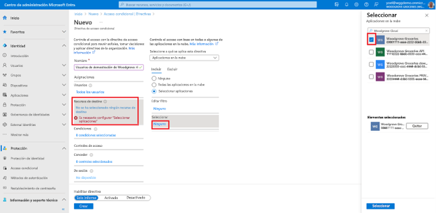 Captura de pantalla de la hoja Nueva directiva de acceso condicional resaltando Recursos de destino con la pestaña Incluir seleccionando la aplicación Woodgrove Groceries en el panel Seleccionar aplicaciones en la nube abierto a la derecha.