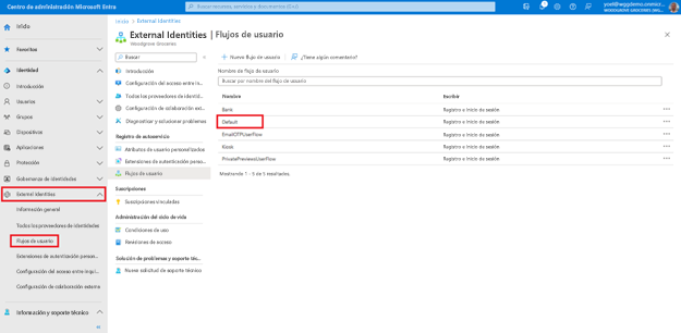 Recorte de pantalla de la hoja Flujos de usuario de External Identities que resalta un flujo de usuario titulado Predeterminado de la lista de cuadrículas de flujos de usuario.