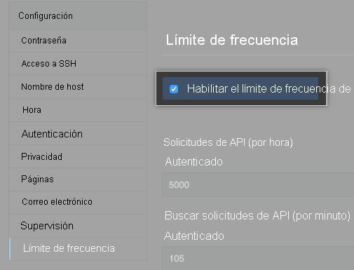 Captura de pantalla de la consola de administración, en la que se establecen los límites de frecuencia de la API.