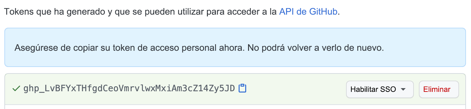 Captura de pantalla con un ejemplo de un token de acceso personal de GitHub.