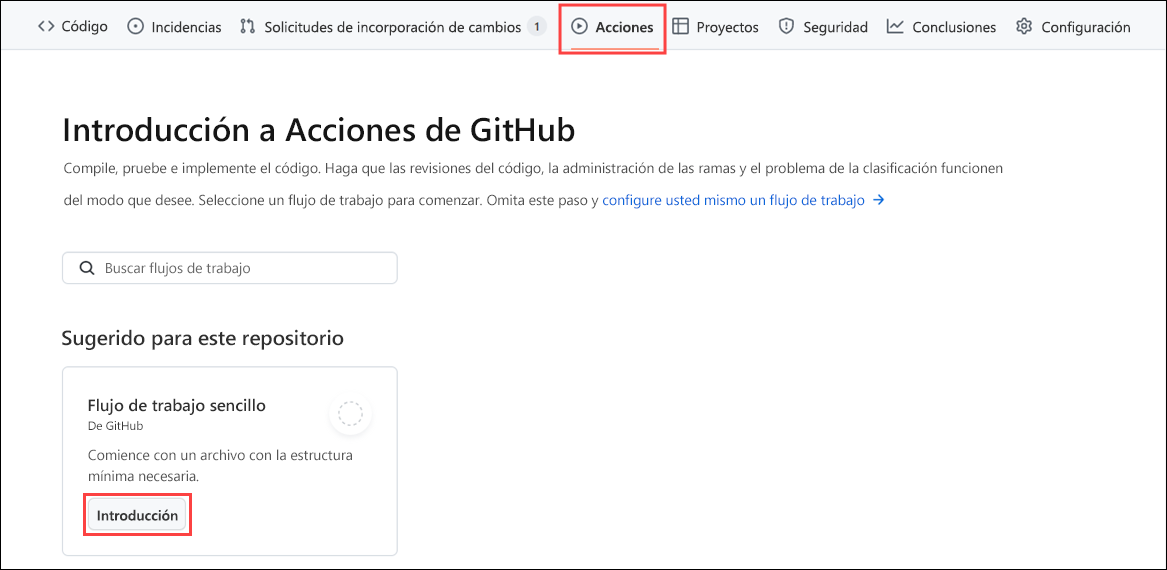 Captura de pantalla de la *pestaña Acciones* en Acciones de GitHub que muestra un flujo de trabajo simple y un botón para configurar este flujo de trabajo.