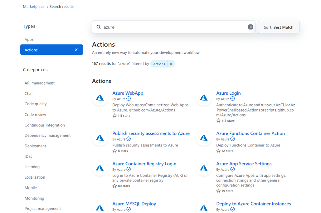 Muestra los resultados de la búsqueda de Azure por parte del marketplace de GitHub.