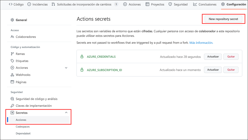 Interfaz de Azure Portal para crear un secreto.