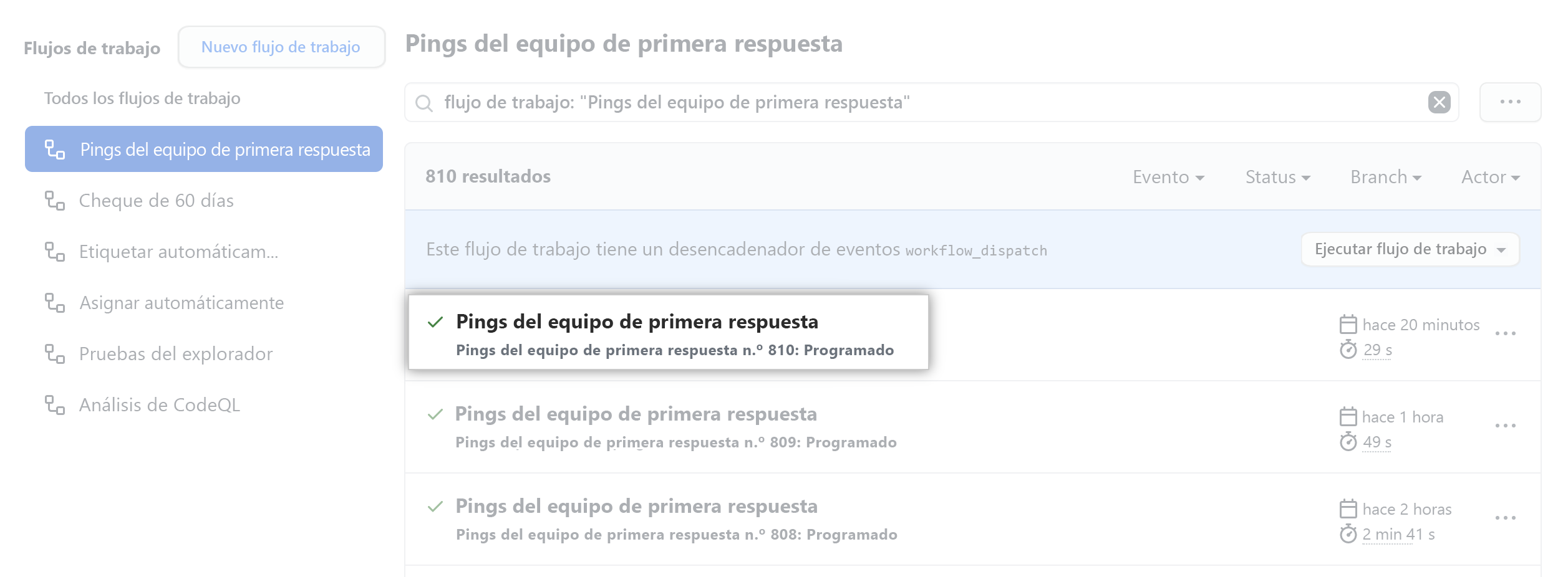 Captura de pantalla en la que se muestra una ejecución de flujo de trabajo de ejemplo en GitHub.