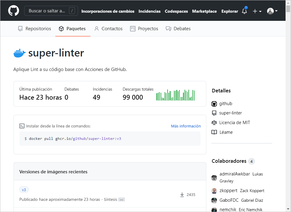 GitHub container image page, with image versions listing, statistics and instructions about how to install it.