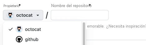 Captura de pantalla del menú desplegable de quién debe ser el propietario del nuevo repositorio.