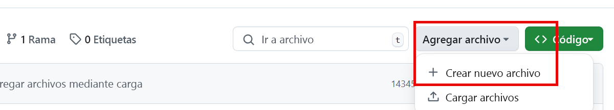 Recorte de pantalla de la opción para agregar un archivo a su nuevo repositorio resaltada en rojo con el botón de agregar archivo hacia la derecha de la pantalla.