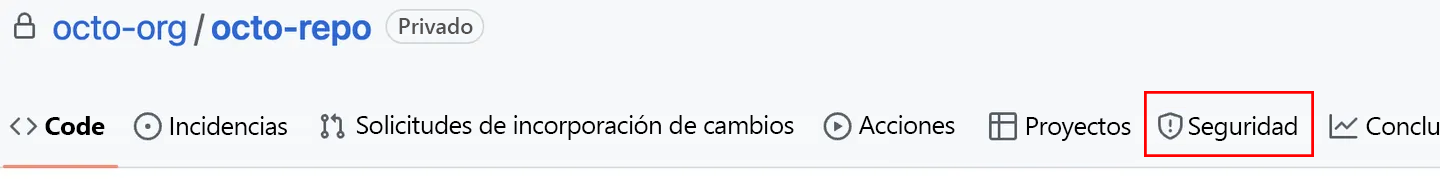 Captura de pantalla que muestra dónde buscar la pestaña Seguridad en GitHub