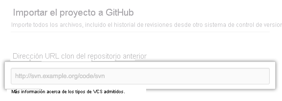 Captura de pantalla del cuadro de texto de la URL del repositorio antiguo.
