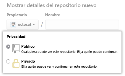 Captura de pantalla de las opciones públicas o privadas del nuevo repositorio.